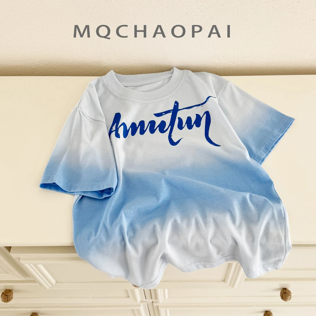 8866蓝色夏新款ins儿童短袖中大童男女童上衣半袖渐变色短袖T恤