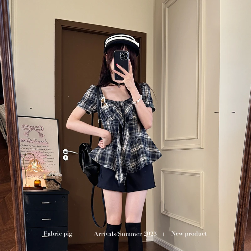 夏末回忆 织物猪原创 学院风格纹烫钻短袖上衣女夏绀色显瘦短裤
