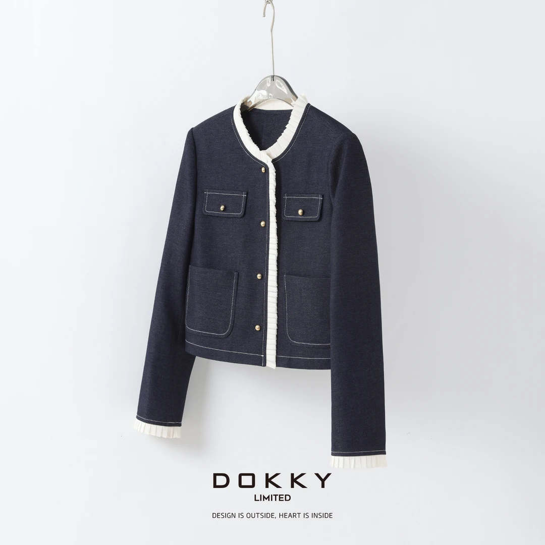 【限量尖货.安娜小香.紫标】DOKKY撞色明线法式风琴边.小香风外套