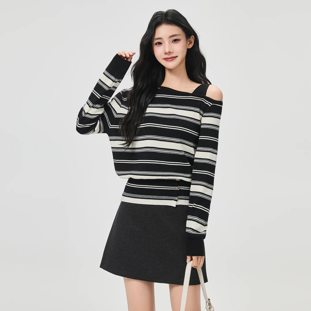 2025早秋新款不规则斜肩针织衫女辣妹撞色条纹收腰显瘦打底衫INS