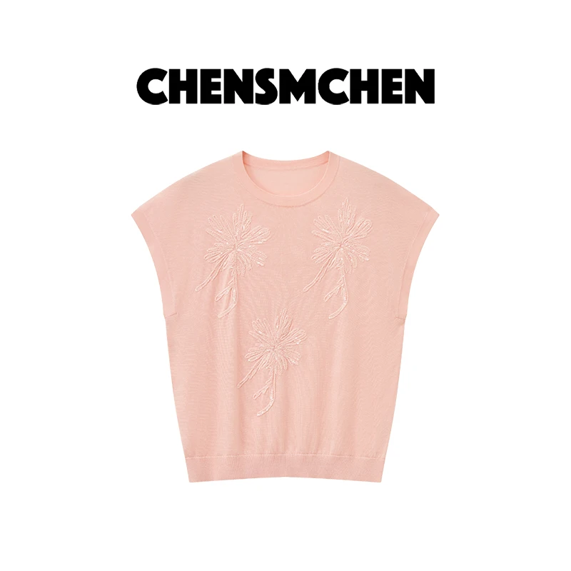 CHENSMCHEN 纯色圆领短袖套头针织衫女优雅气质显瘦上衣CSZ5081SL