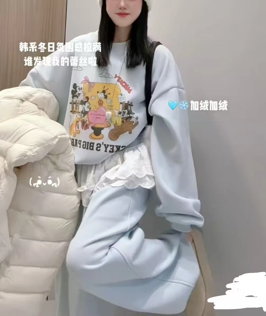 2025圆领加绒百搭韩版休闲时尚米奇印花图卫衣裤子显瘦套装8295