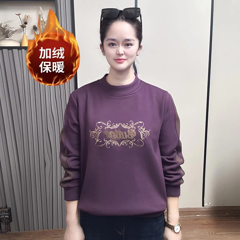 刺绣保暖女冬季加绒加厚刺绣显瘦卫衣加厚大码上衣打底2025新款