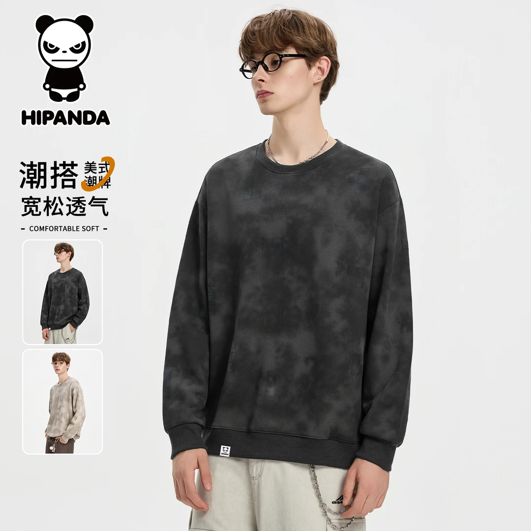 Hi Panda你好熊猫秋冬加绒美式复古卫衣男款宽松百搭圆领休闲上衣