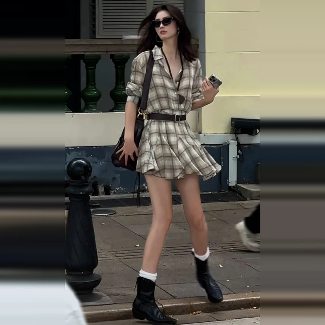 旅游度假穿搭格纹衬衫连衣裙子女夏2025新款今年流行爆小个子短裙