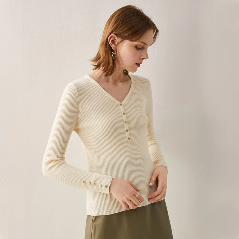 【山羊绒】V领竖条纹女秋冬单排扣套头上衣女（驼） 假扣  MG2012100