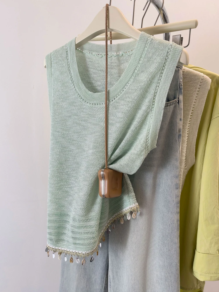 夏季薄款气质针织背心度假风流苏亮片外穿气质宽松慵懒风无袖上衣