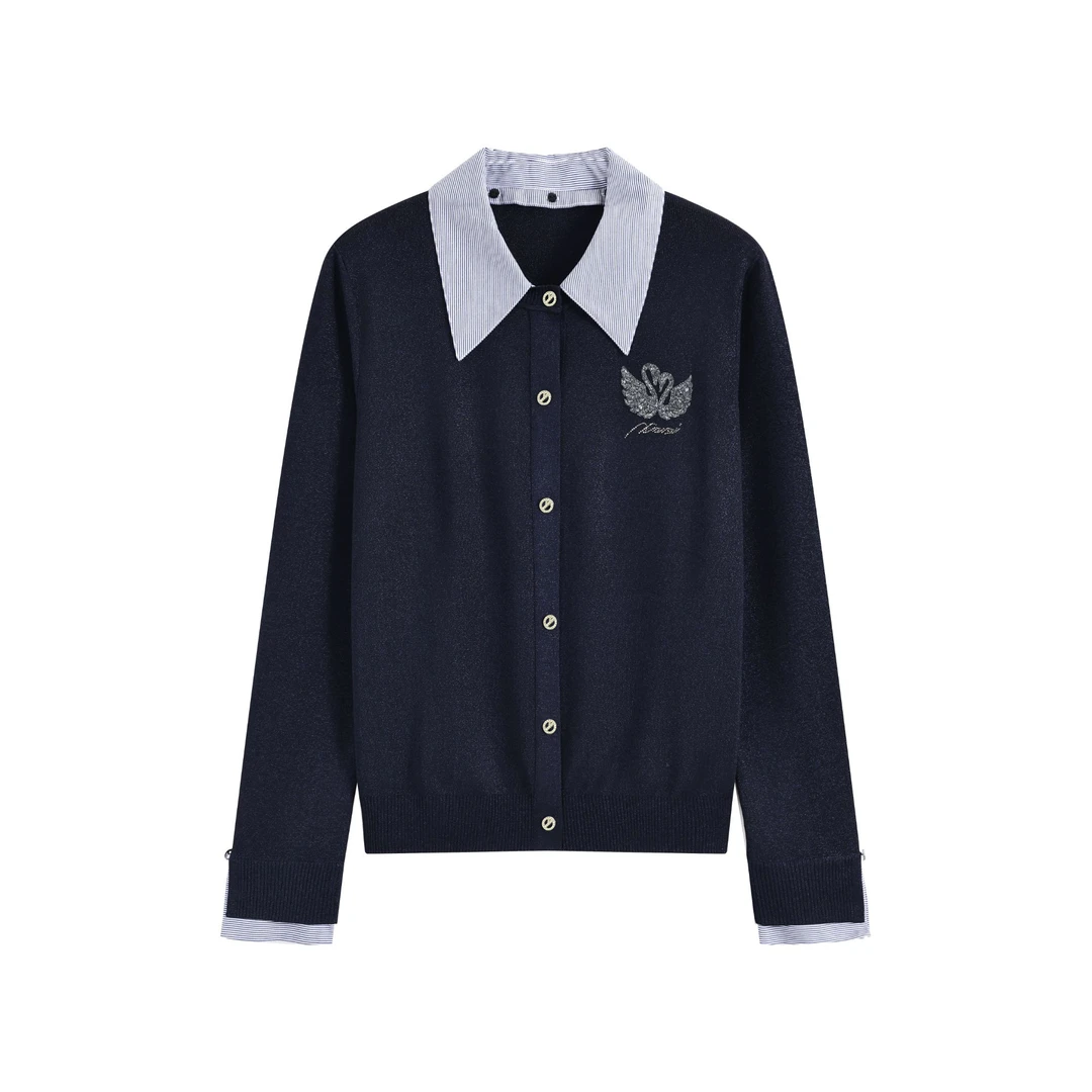 千韵伊然 新款藏青色时尚气质假两件长袖针织衫上衣0461