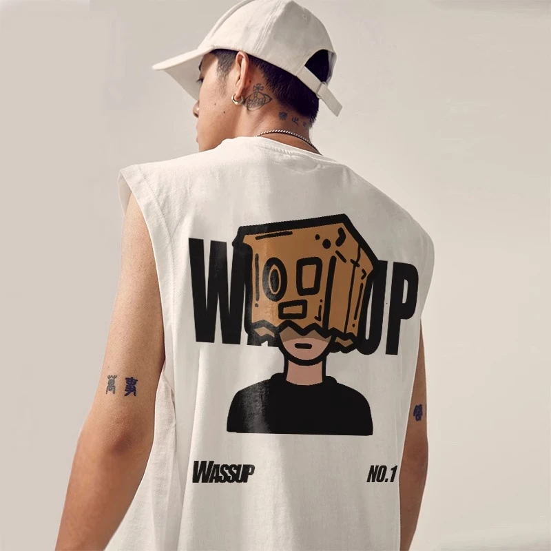 WASSUP美式潮牌宽松男士背心夏季新款纯棉休闲运动健身圆领上衣服