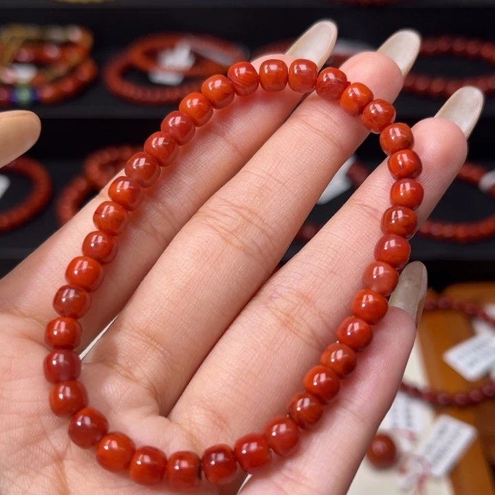 南红玛瑙未镶嵌手链柿子红玫红双色5.5+mm老型