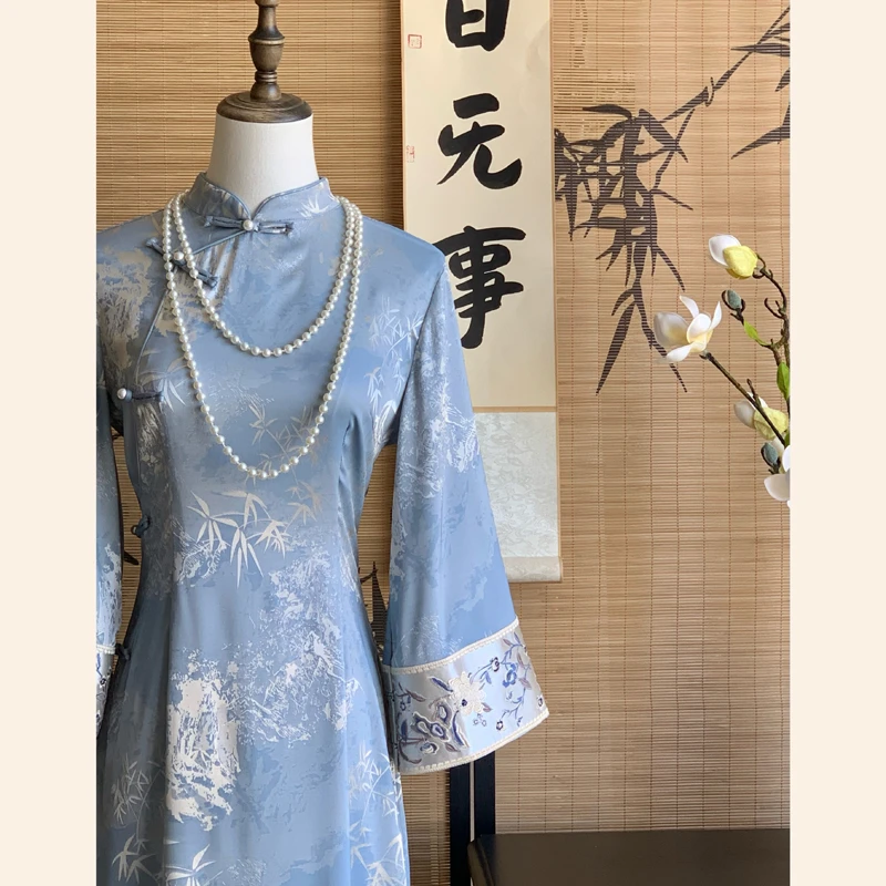 【蓝黛】早秋新中式改良旗袍年轻款倒大袖气质复古竹叶国风连衣裙
