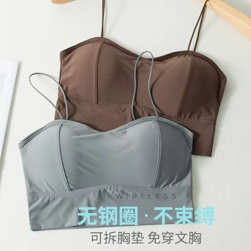 加厚胸垫细肩带冰丝美背聚拢无钢圈防走光吊带背心小胸显大抹胸