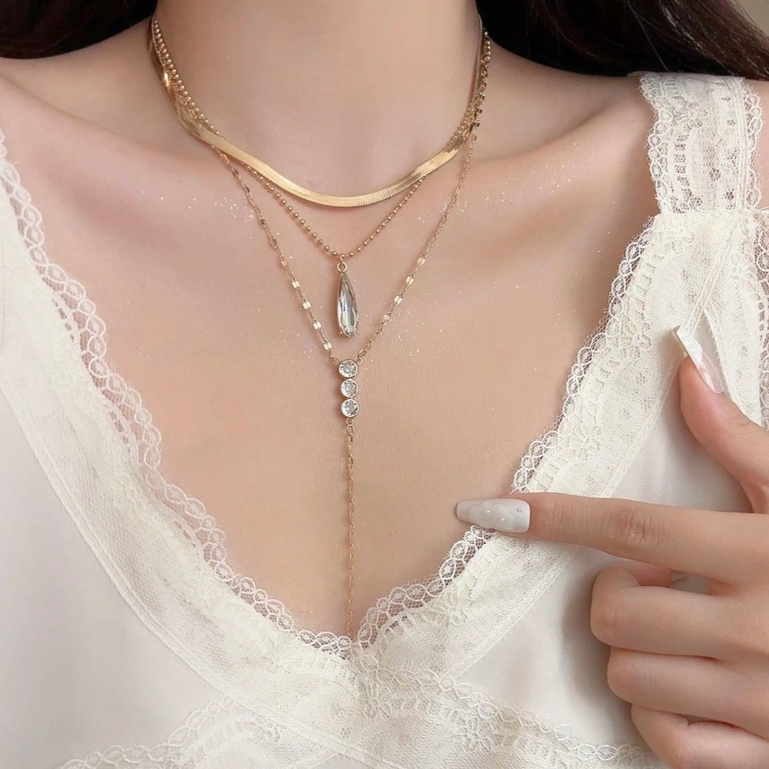 中古多层金色爆闪水滴流苏项链女高级感轻奢小众叠戴锁骨链潮