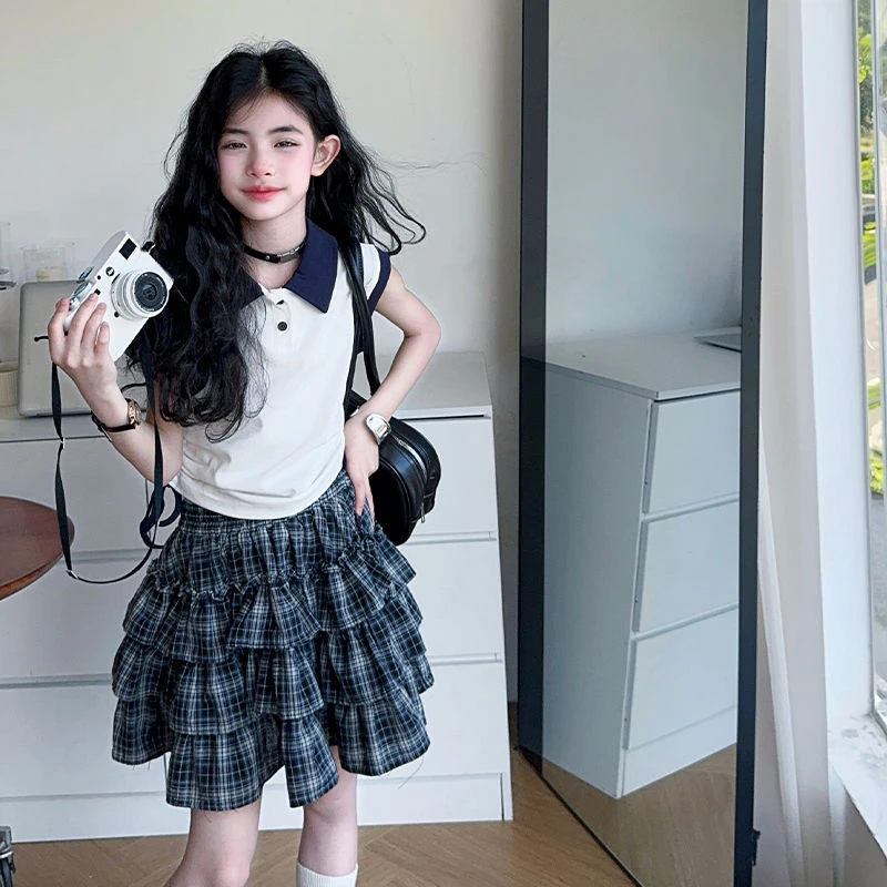 韩系女童夏装套装新款女孩中大童夏日绝美裙子夏季短袖蛋糕裙