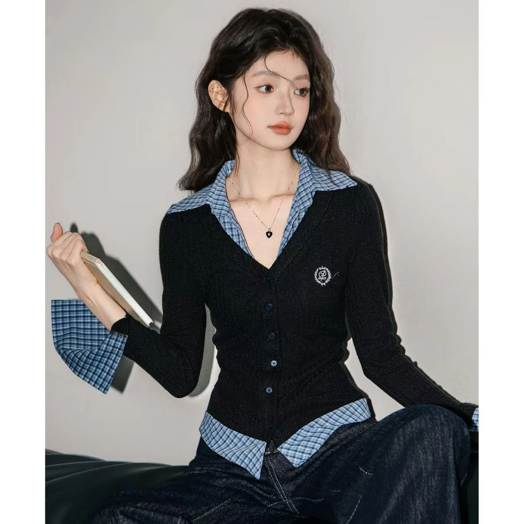 【现货秒发】纯欲风拼接假两件长袖T恤女春秋新款修身显瘦韩系上衣