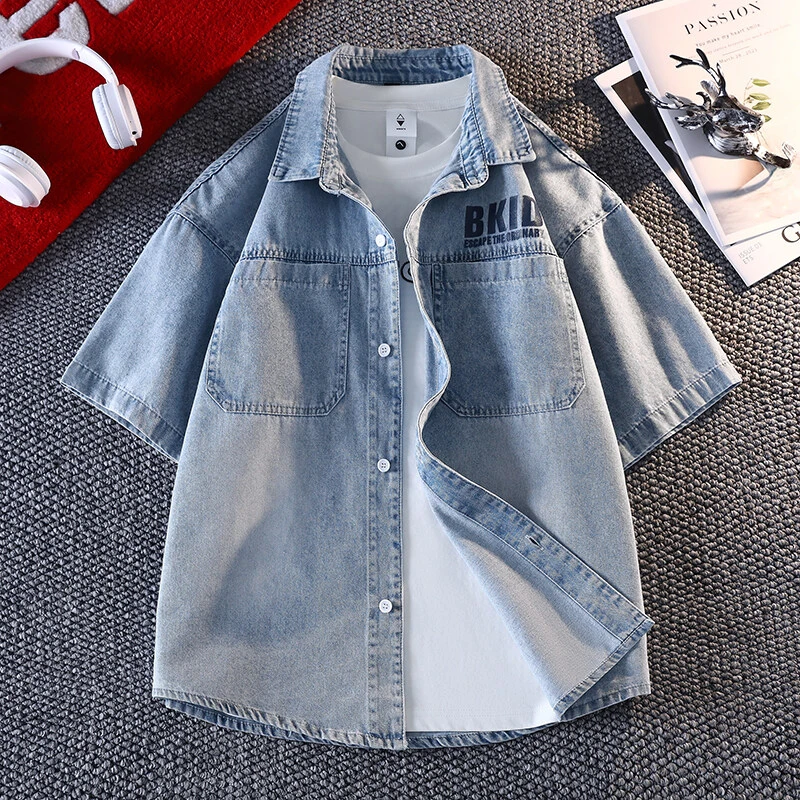 牛仔短袖衬衫男款夏季薄款潮牌复古青少年痞帅五分袖休闲衬衣外套