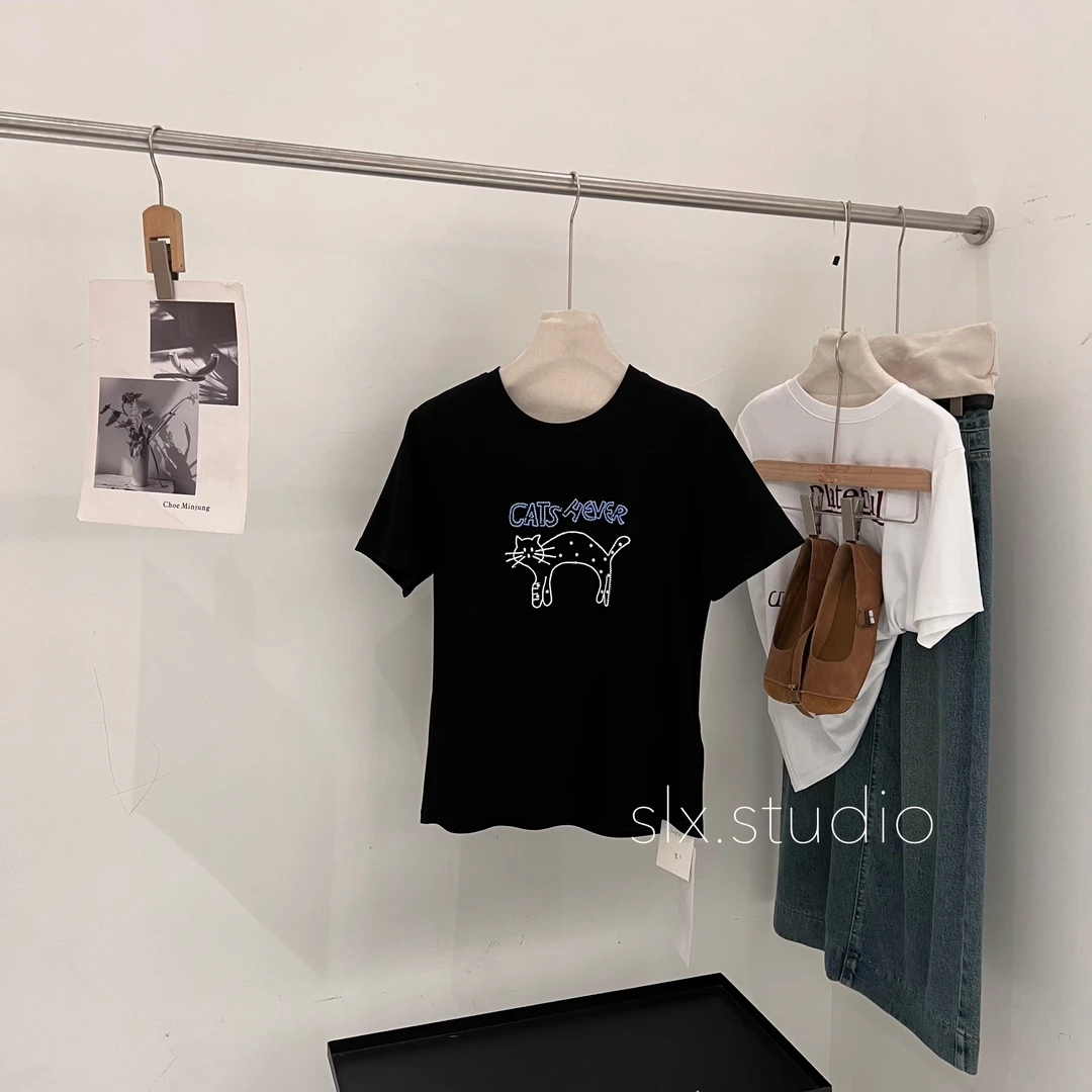 slx@ 8868 小猫珍珠字母T恤