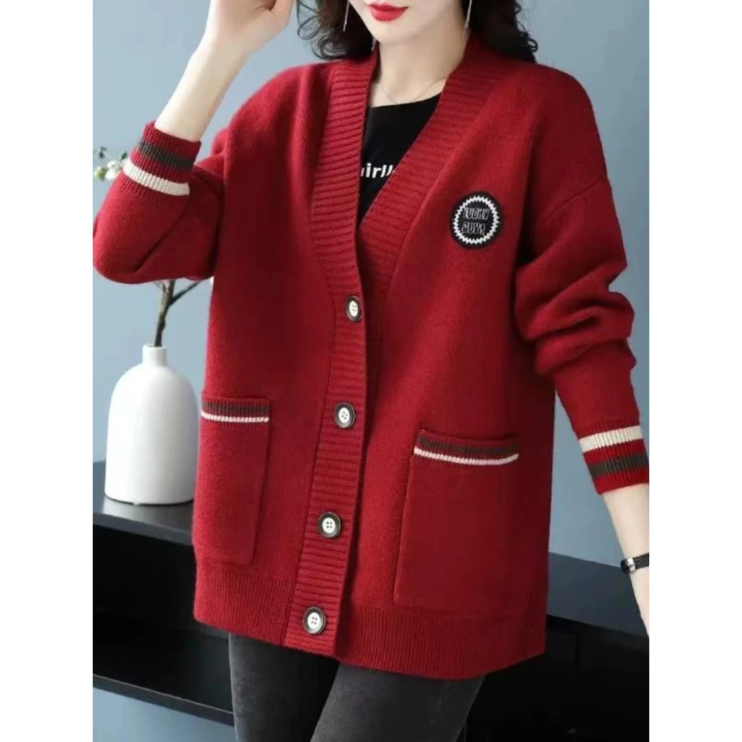 针织开衫外套女秋冬2025新款妈妈装宽松洋气V领毛衣外搭