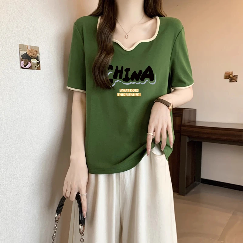 大码胖mm设计感撞色方领短袖T恤女士夏季新款纯欲风修身显瘦上衣