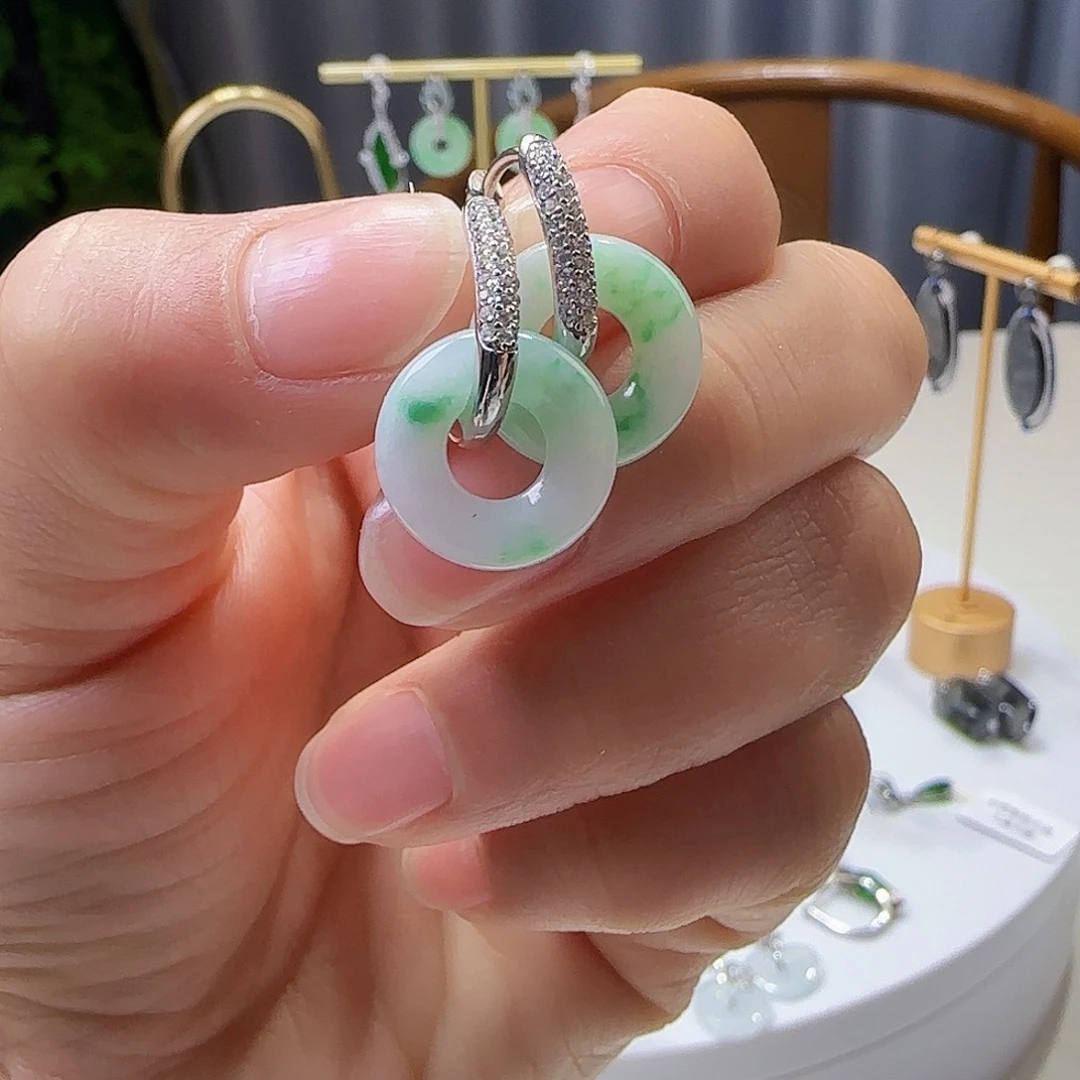 翡翠耳饰银S925镶嵌天然缅甸a货翡翠