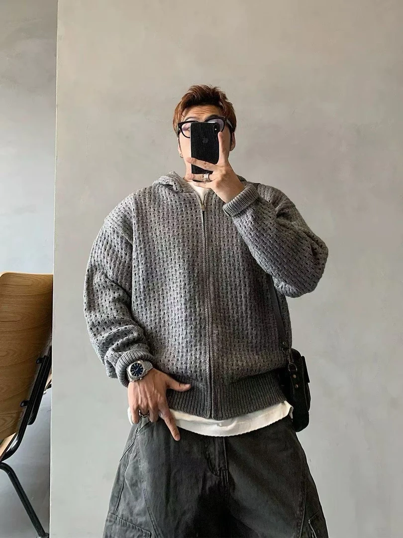 秋季针织连帽开衫春秋毛衣针织衫纯色撞色条纹长袖 56005