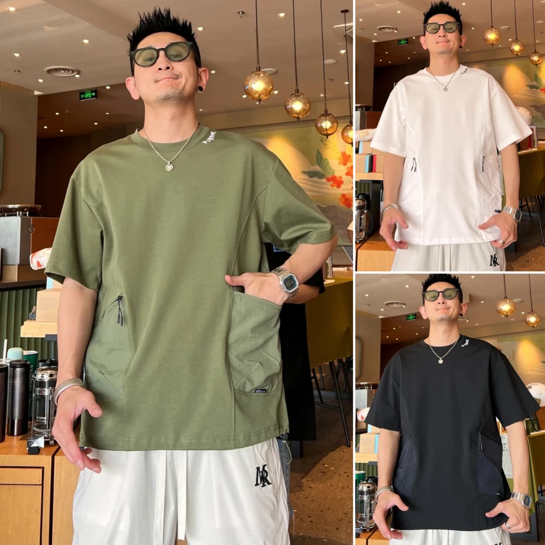 户外机能风个性小众纯色字母刺绣设计感立体裁剪口袋男士短袖T恤