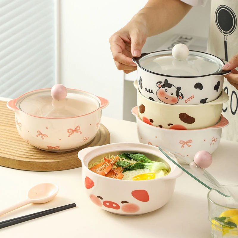 可爱双耳面碗家用泡面碗带盖带勺高颜值学生宿舍嗦粉碗耐可微波炉