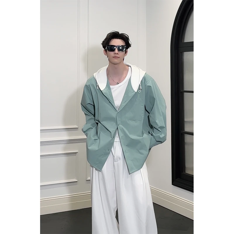 龙叨叨秋季新品原创小众设计感连帽系带衬衫男拼接休闲长袖衬衣潮