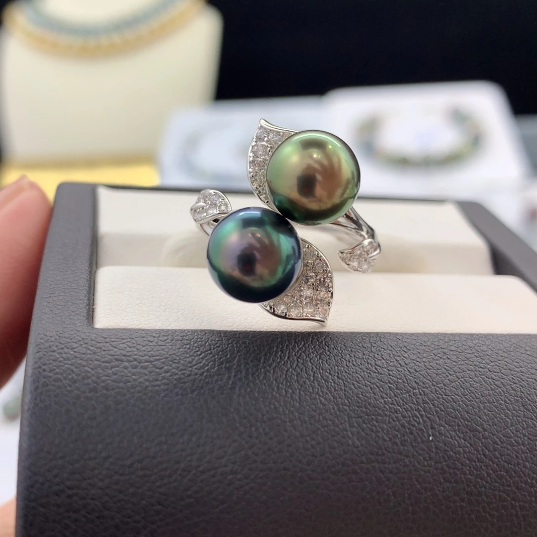 未镶嵌裸珠定制海水珍珠极光牛油果➕猫眼蓝莓双珠戒指