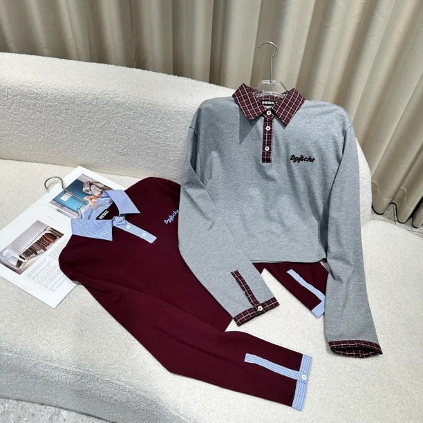 （南油娜姐）2025秋冬新款小众设计拼接撞色格子POLO领长袖T恤25323