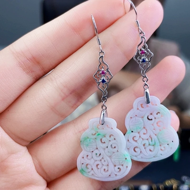 翡翠耳饰银S925镶嵌饰品