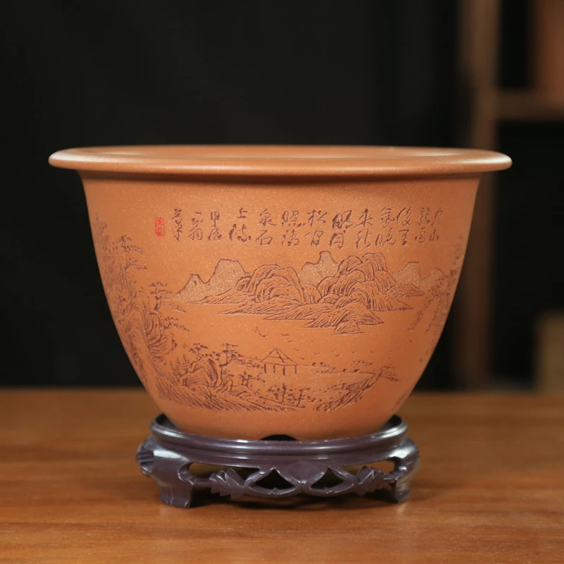 宜兴紫砂花盆高档兰花盆景文竹老桩盆景盆花盆一翁刻绘通转山水盆