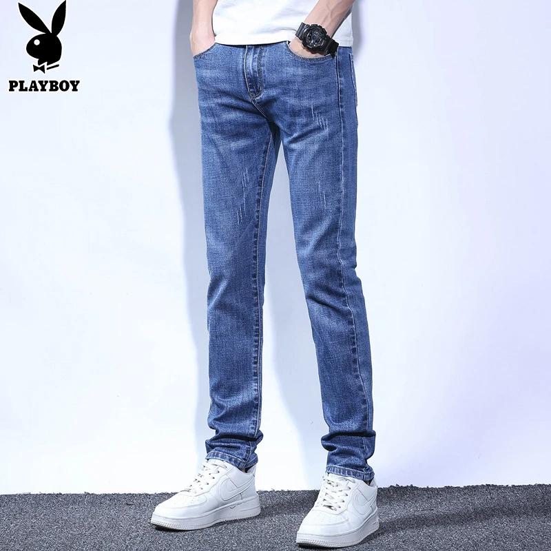 花花公子蓝色牛仔裤男士修身小脚秋季秋款2025潮牌休闲长裤子男裤
