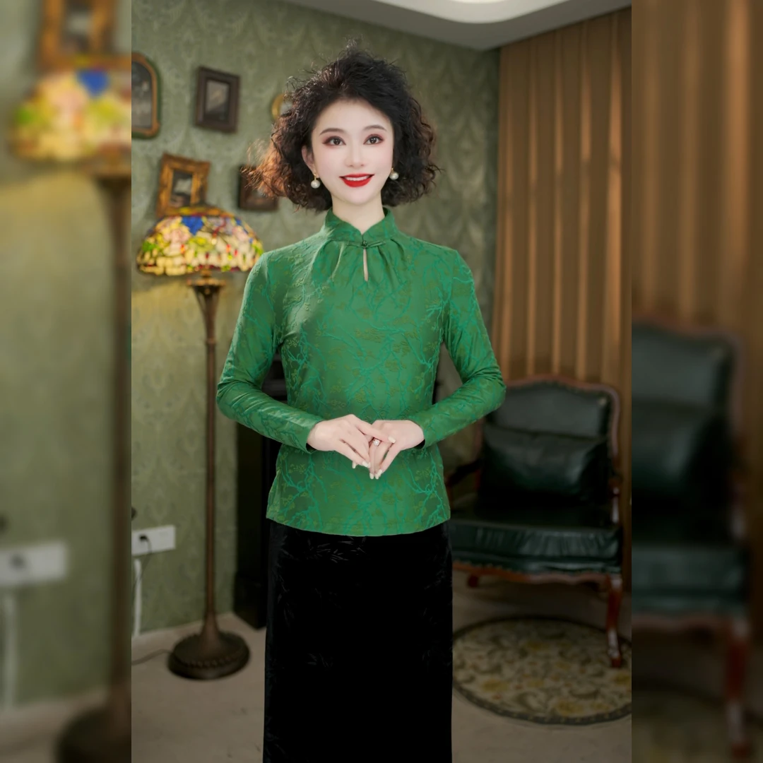 新中式国风提花刺绣上衣打底衫女2024新款秋冬内搭t恤E6953