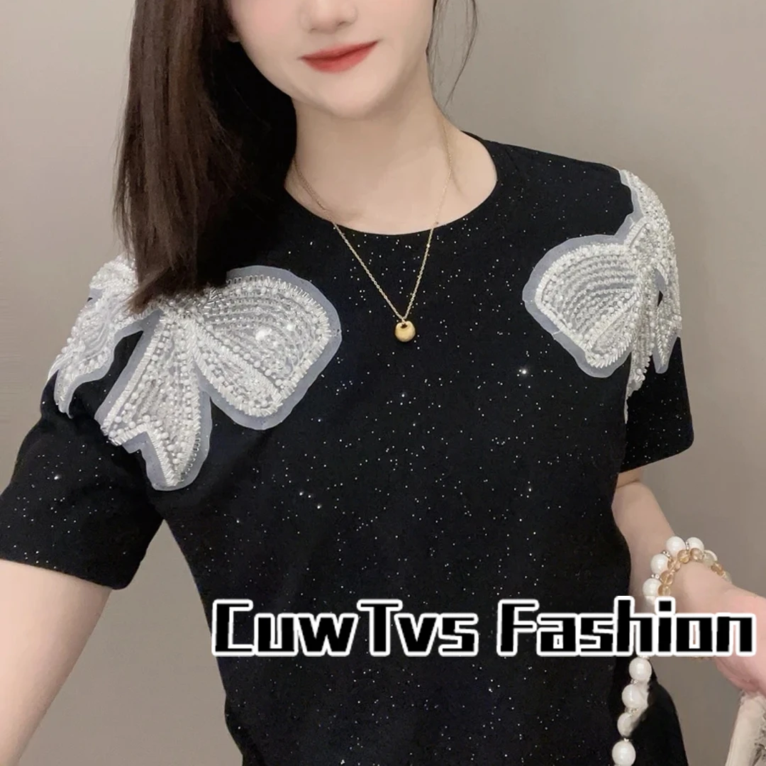 短袖T恤女2025夏季新款重工蝴蝶结满印撒银设计感显瘦百搭上衣女