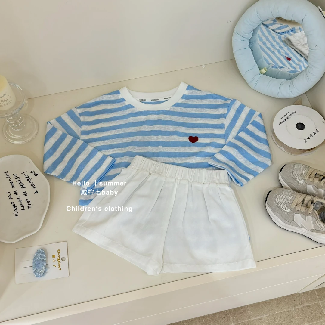 【咸柠七】女童条纹T恤夏季新款轻薄空调衫儿童撞色爱心防晒衫