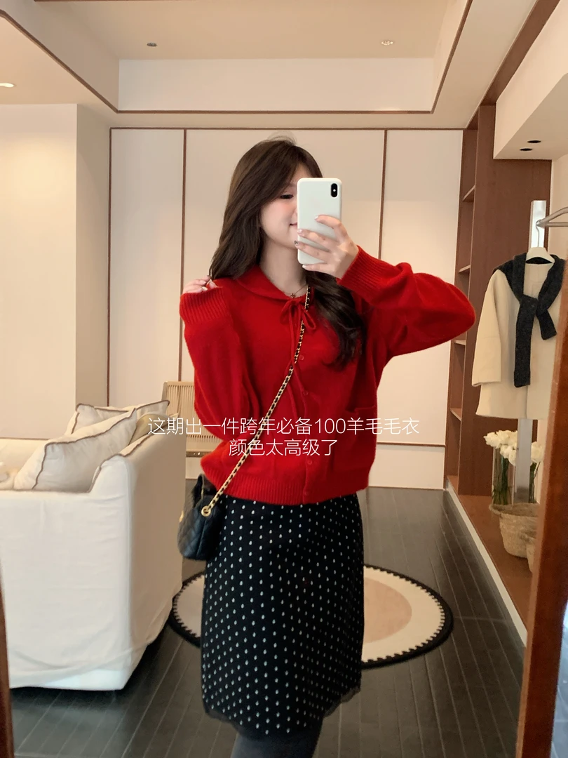 漫姐的店【红梨慕斯】2025冬装新款简约百搭蝴蝶结系带针织开衫外套