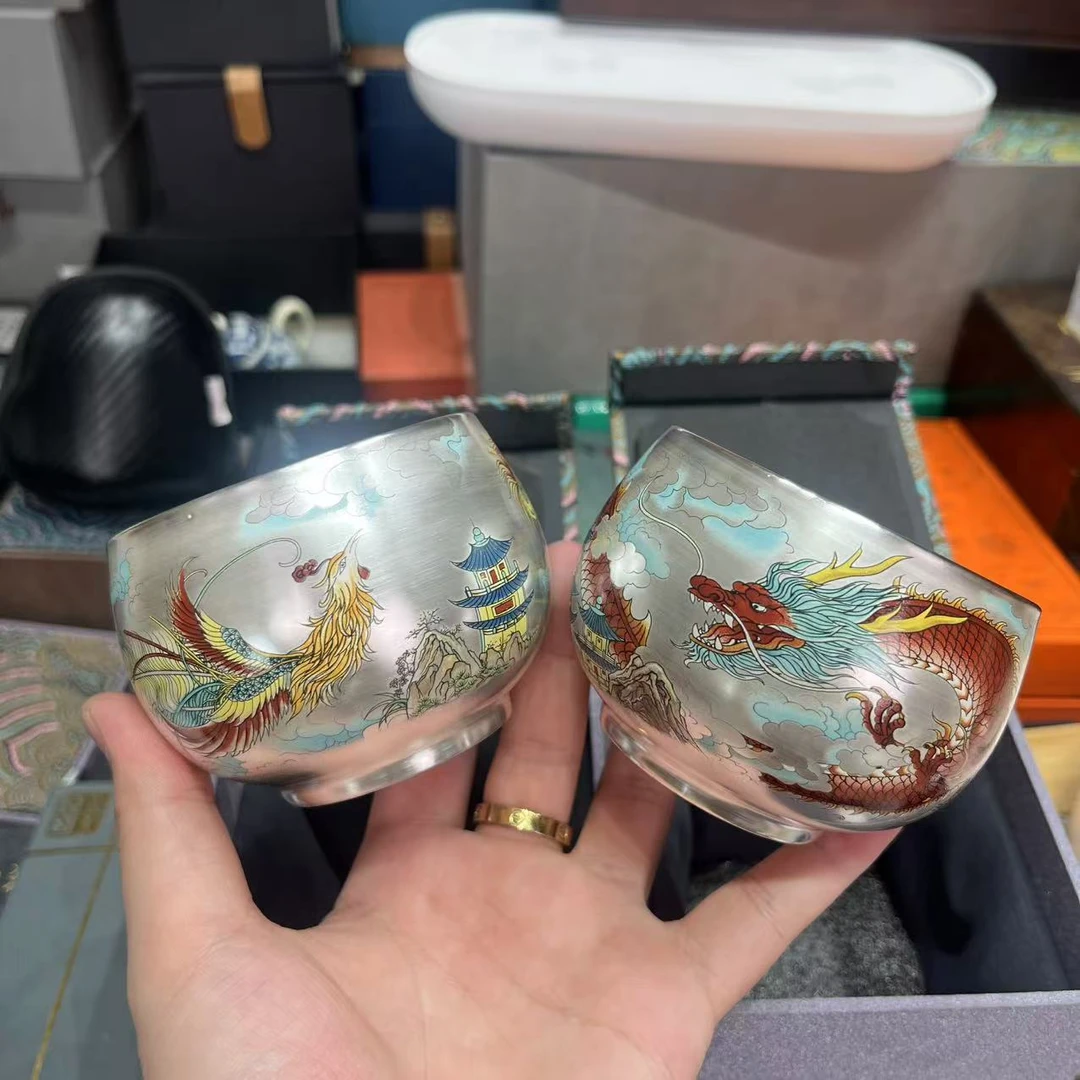 周鸿杰金丝龙凤鎏银对杯茶具礼盒装 mc017