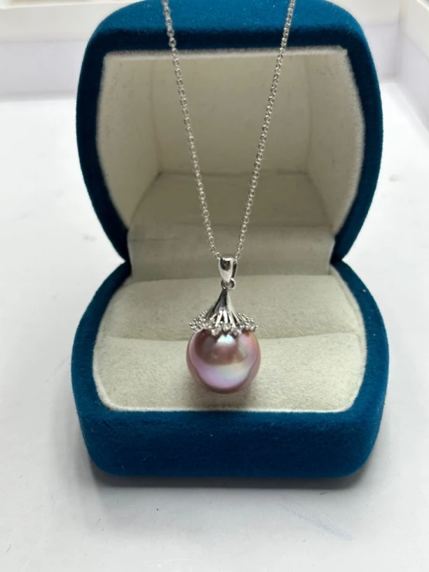 天然淡水珍珠14-15mm紫色花伞吊坠D898