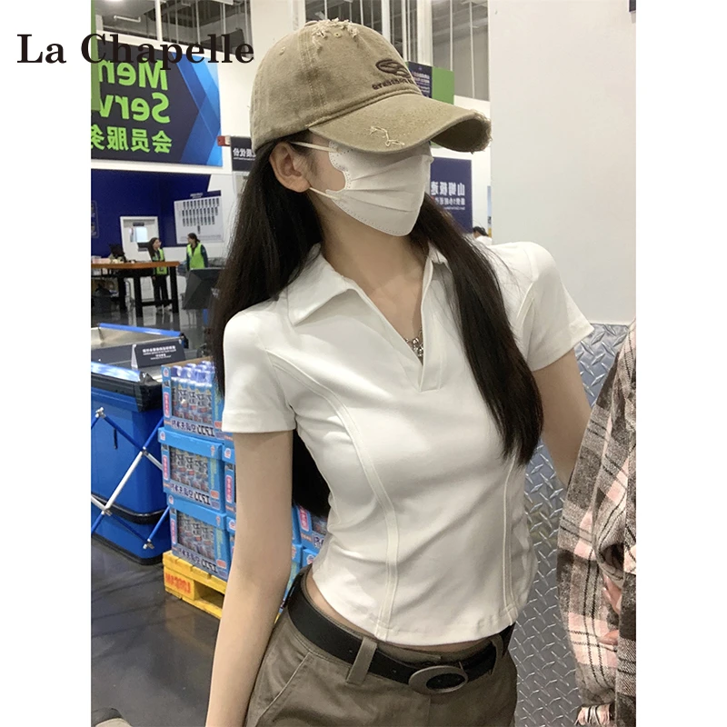 拉夏贝尔纯色正肩polo领短袖t恤女夏季2025新款辣妹修身百搭上衣