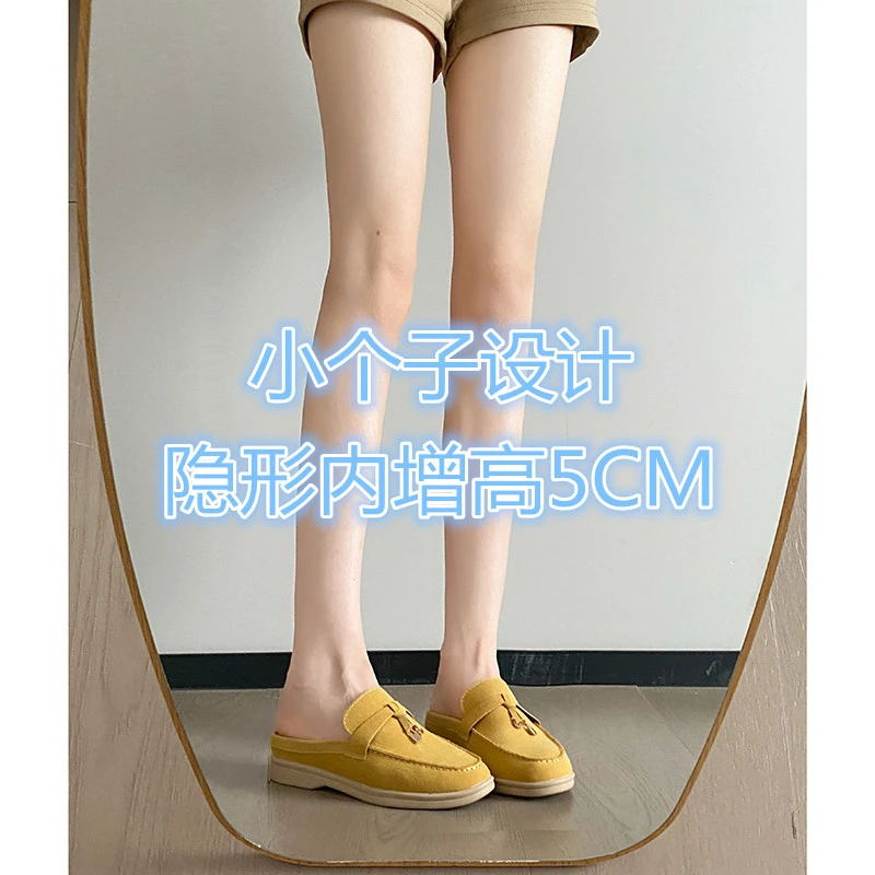 真皮5CM内增高厚底鞋勃肯鞋女夏季外穿复古一脚蹬黄色包头半拖鞋