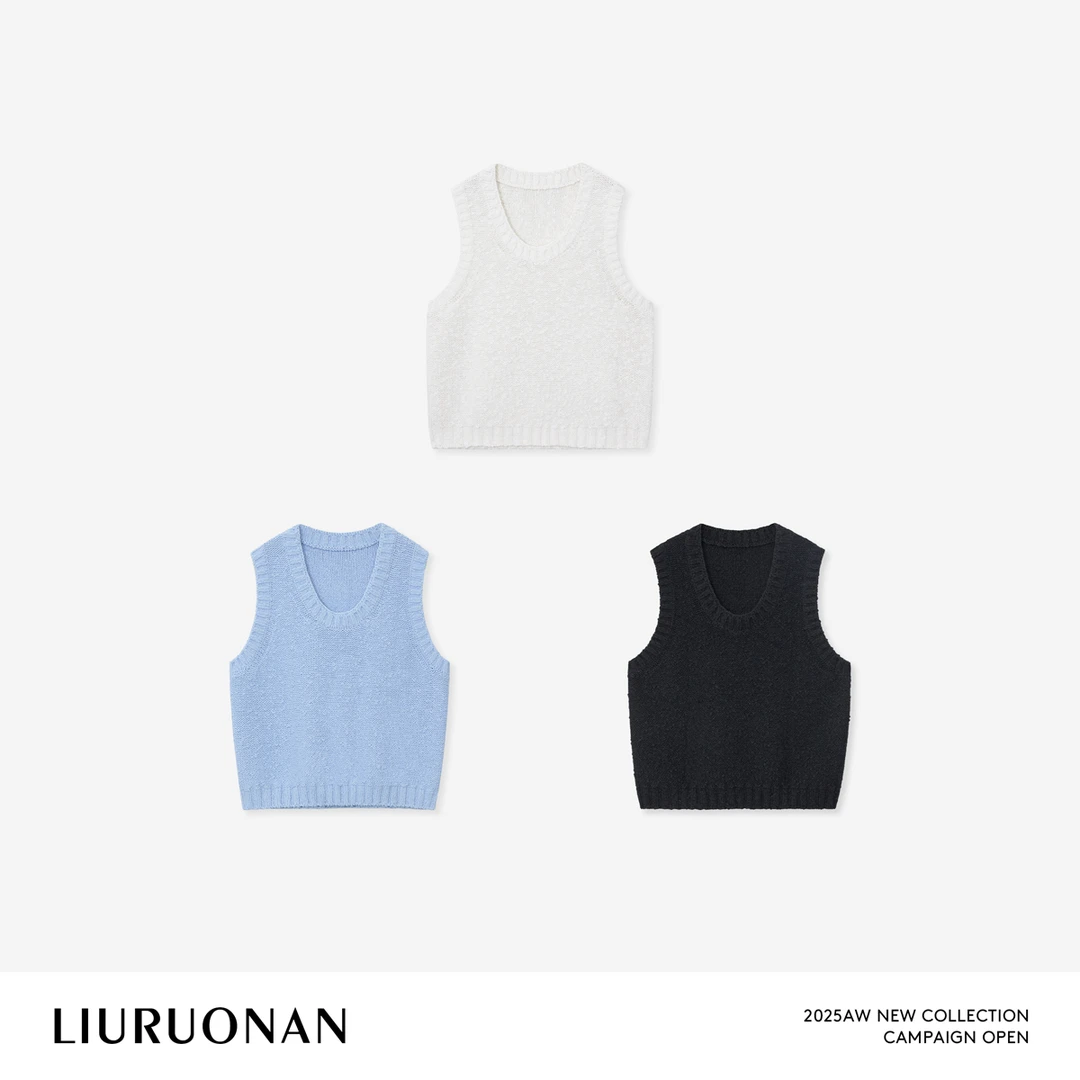 LIURUONAN 25FL【盐粒毛衣马甲】纯色U型领无袖马夹秋季柔软针织衫