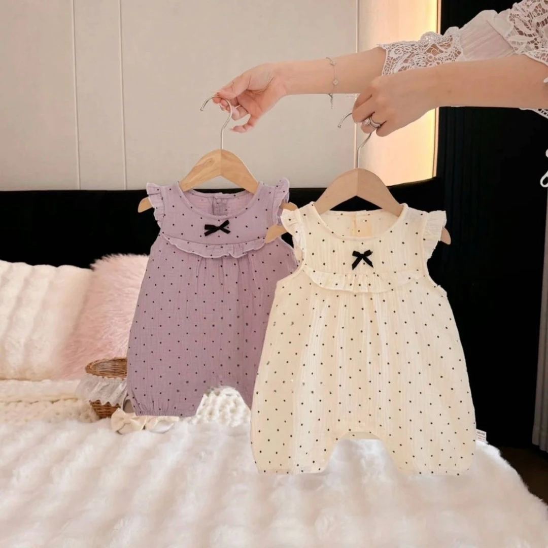 婴童连体衣纯棉夏季婴幼儿外出公主服短爬女童吊带法式波点纱布款