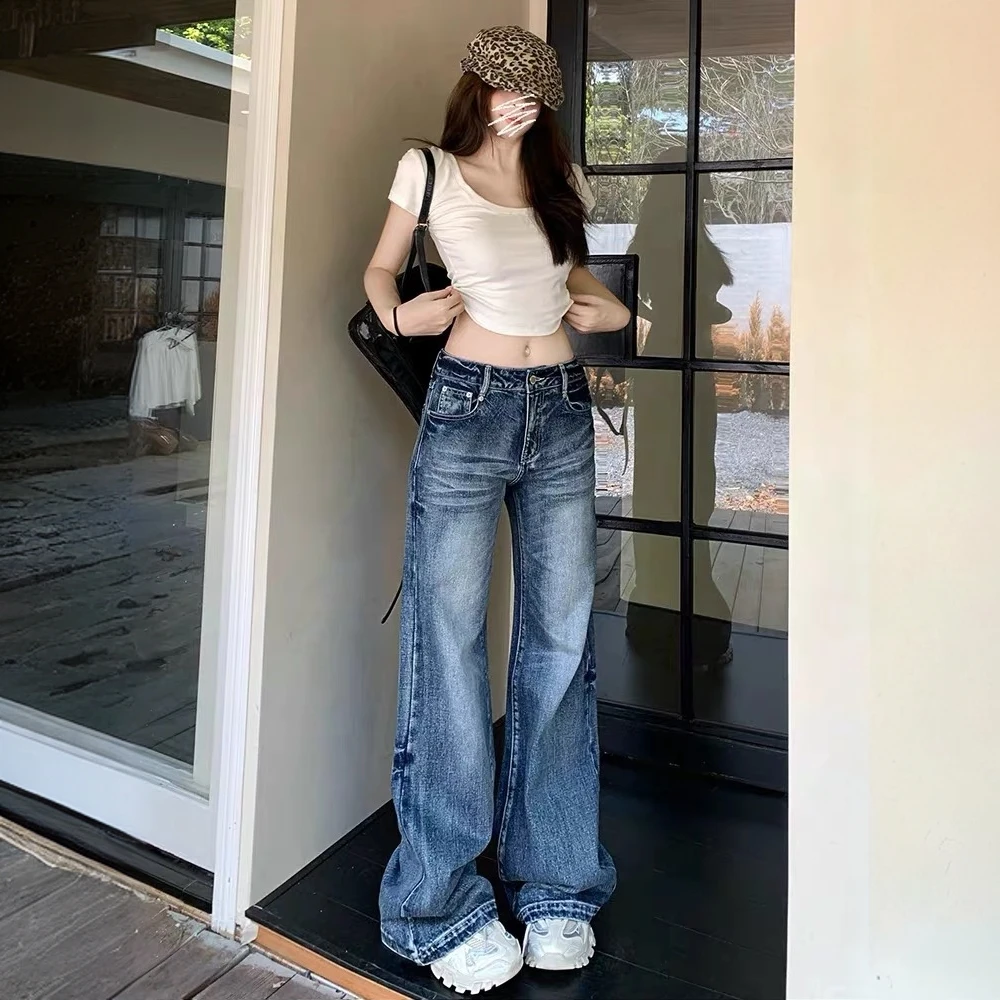 复古微喇牛仔裤女美式高街辣妹高腰宽松百搭直筒阔腿拖地喇叭裤子