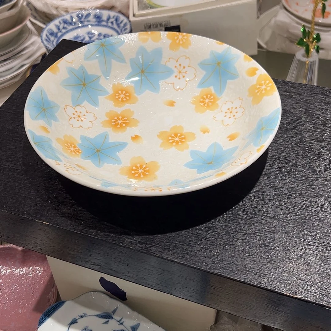 喜***乐陶蓝色枫叶大盘碗
