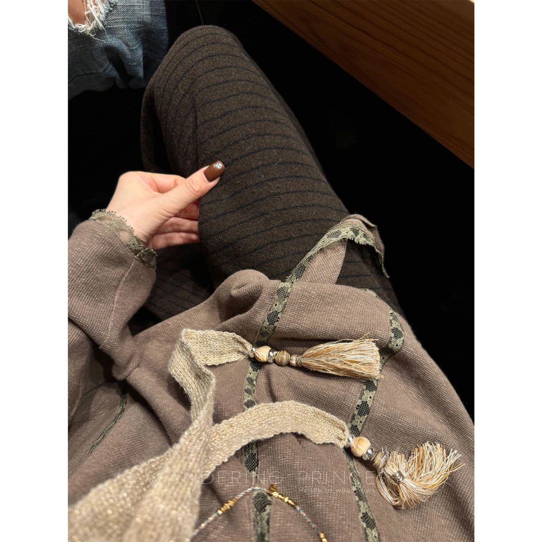 钱美西 "毛巾神裤"轻盈舒弹对条高腰显瘦宽松垂顺条纹针织休闲裤