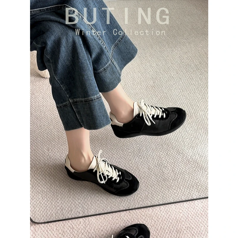 牛皮版！薄底德训鞋女2025春复古真皮阿甘鞋系带拼色休闲鞋运动鞋