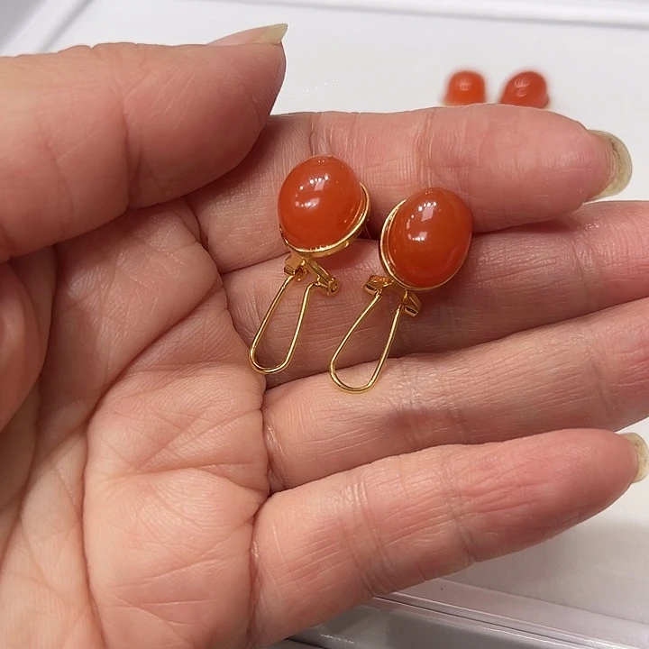 南红玛瑙耳饰银S925镀金镶嵌茶***嫣