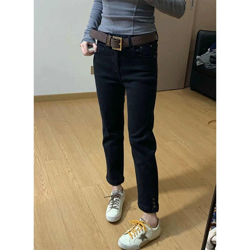 萱贝纯修身显瘦牛仔小脚裤女2025秋冬新款加绒加厚九分直筒烟管裤