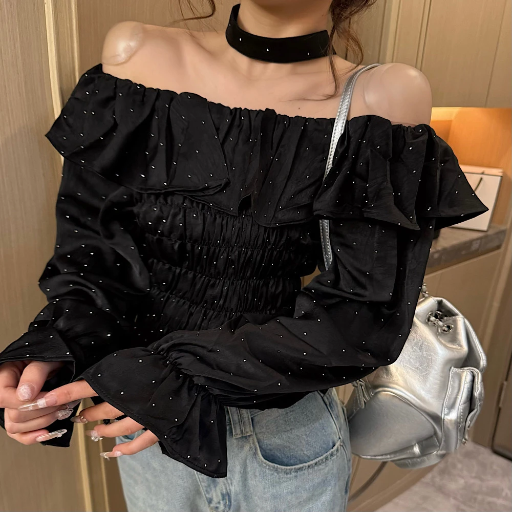 【CCDZ】夏季新款时尚百搭显瘦设计感烫钻荷叶边一字肩上衣女